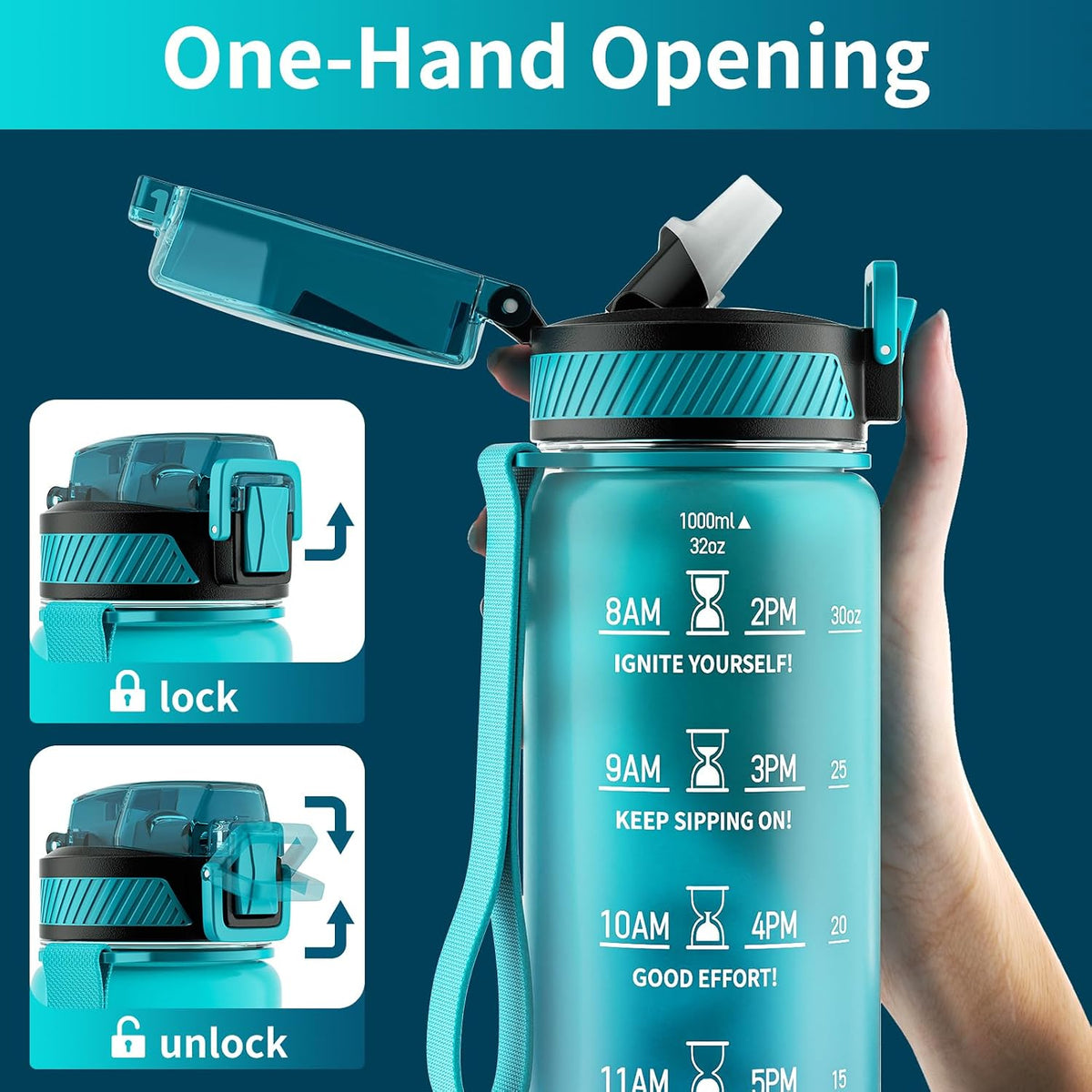 Water Bottle with Straw, 32oz Sports Water Bottles with Time Marker