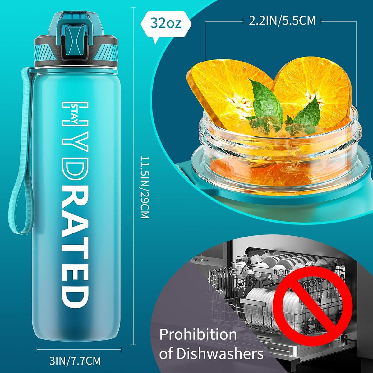 Water Bottle with Straw, 32oz Sports Water Bottles with Time Marker
