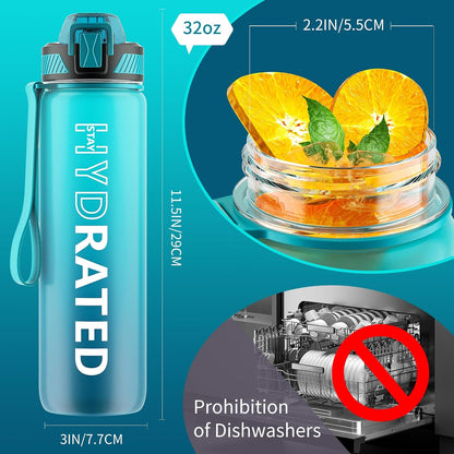 Water Bottle with Straw, 32oz Sports Water Bottles with Time Marker