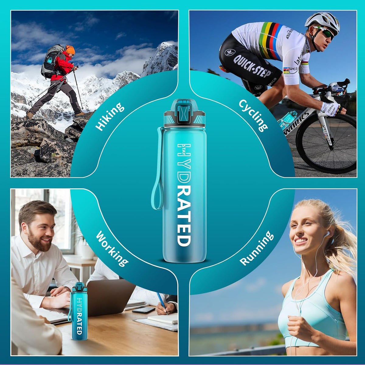 Water Bottle with Straw, 32oz Sports Water Bottles with Time Marker