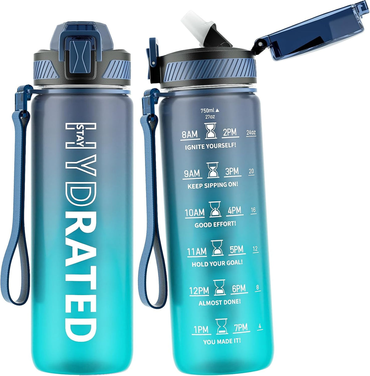 Water Bottle with Straw, 32oz Sports Water Bottles with Time Marker
