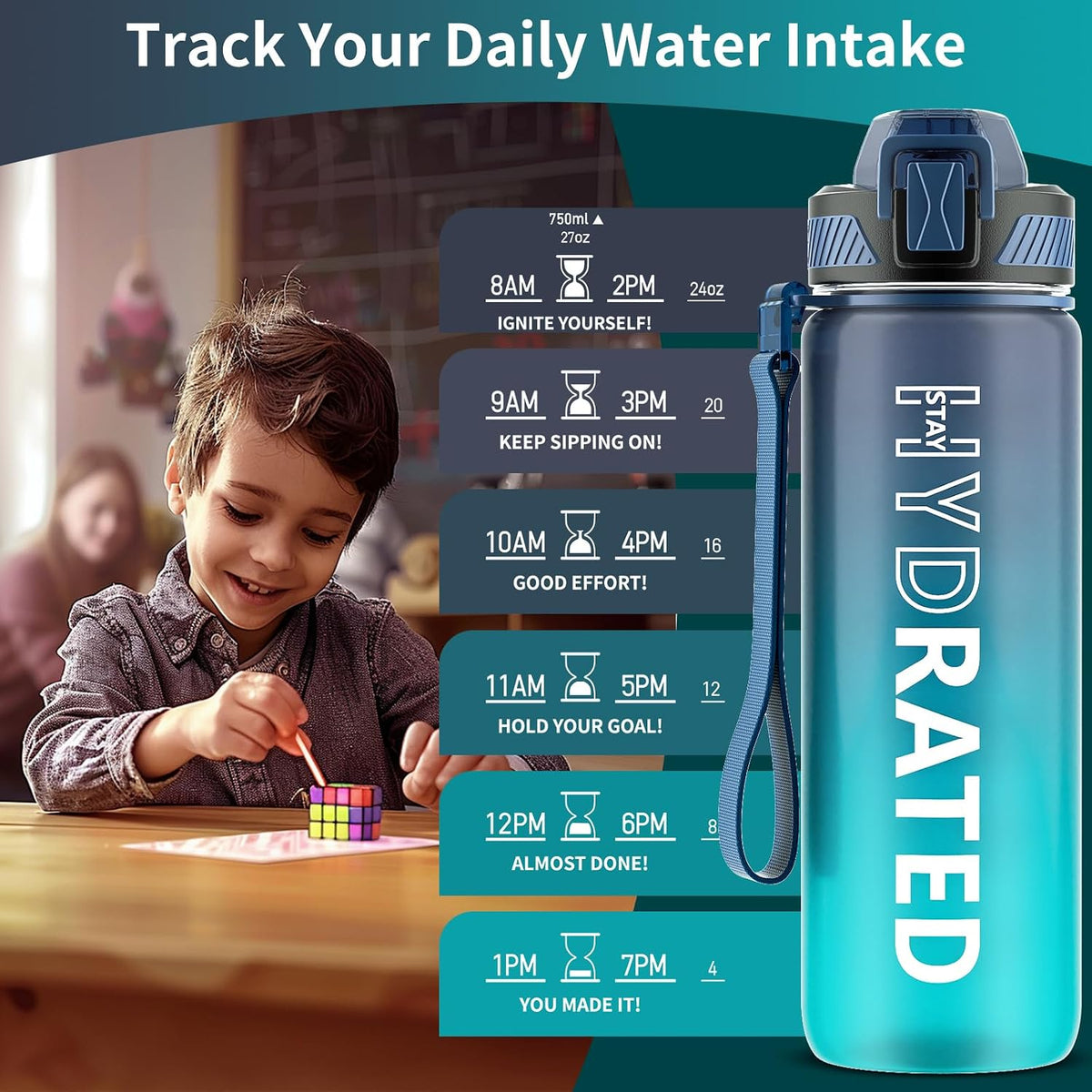 Water Bottle with Straw, 32oz Sports Water Bottles with Time Marker