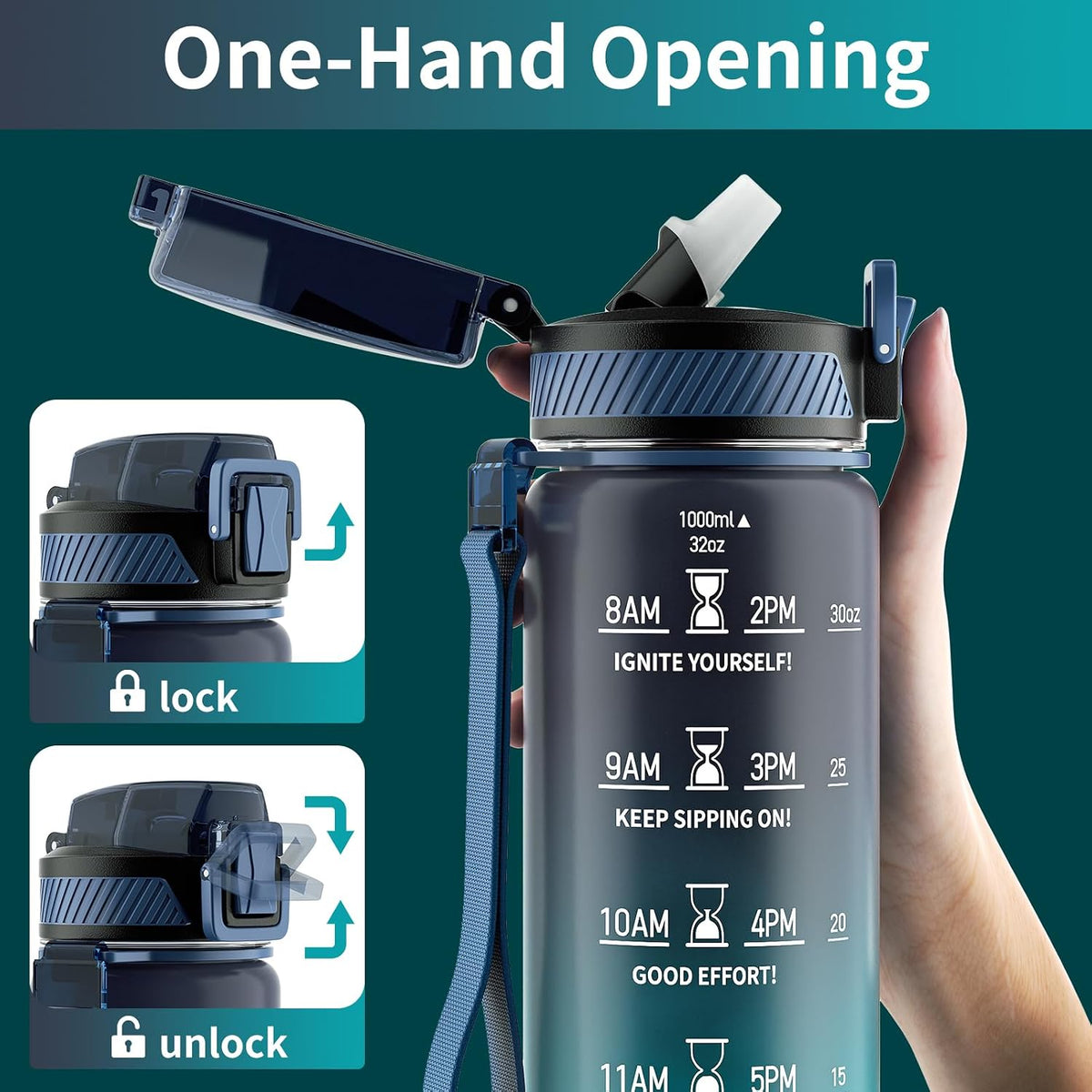 Water Bottle with Straw, 32oz Sports Water Bottles with Time Marker