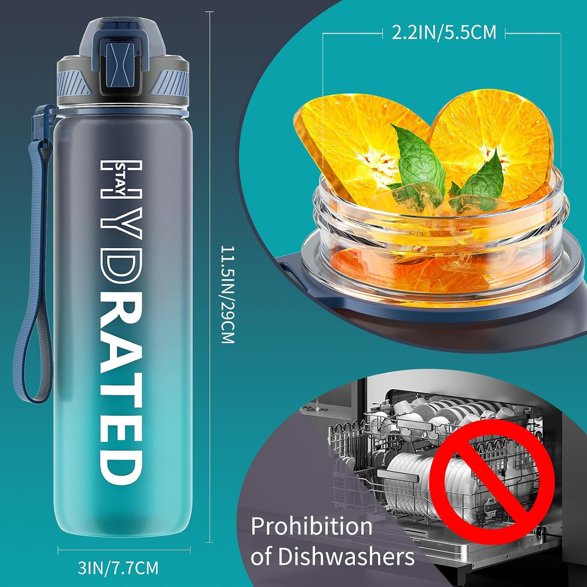 Water Bottle with Straw, 32oz Sports Water Bottles with Time Marker