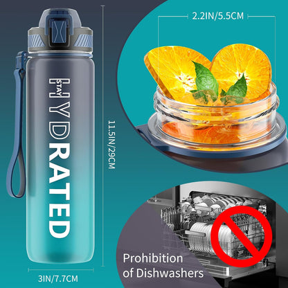 Water Bottle with Straw, 32oz Sports Water Bottles with Time Marker