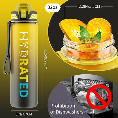 Water Bottle with Straw, 32oz Sports Water Bottles with Time Marker