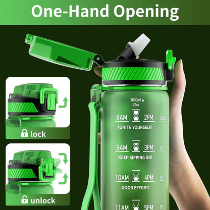 Water Bottle with Straw, 32oz Sports Water Bottles with Time Marker