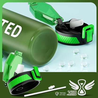 Water Bottle with Straw, 32oz Sports Water Bottles with Time Marker