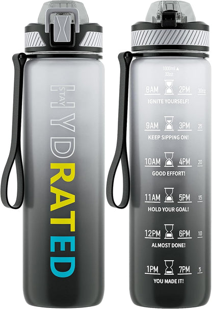 Water Bottle with Straw, 32oz Sports Water Bottles with Time Marker