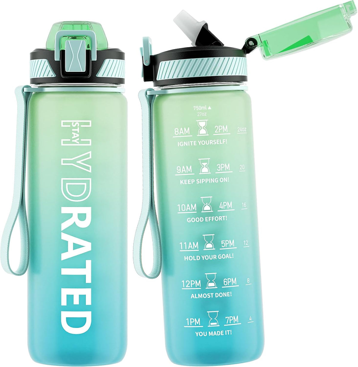 Water Bottle with Straw, 32oz Sports Water Bottles with Time Marker