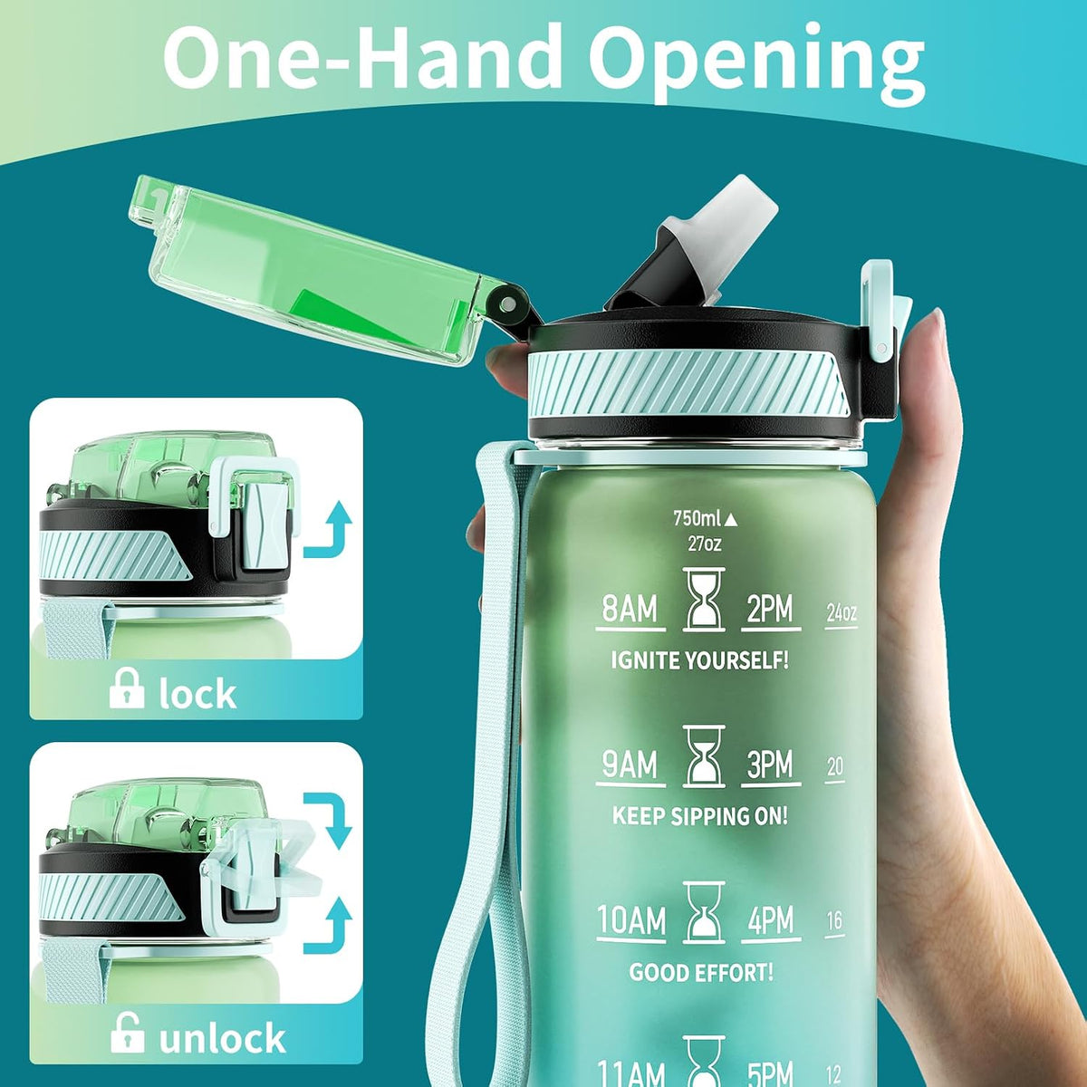 Water Bottle with Straw, 32oz Sports Water Bottles with Time Marker