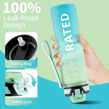 Water Bottle with Straw, 32oz Sports Water Bottles with Time Marker