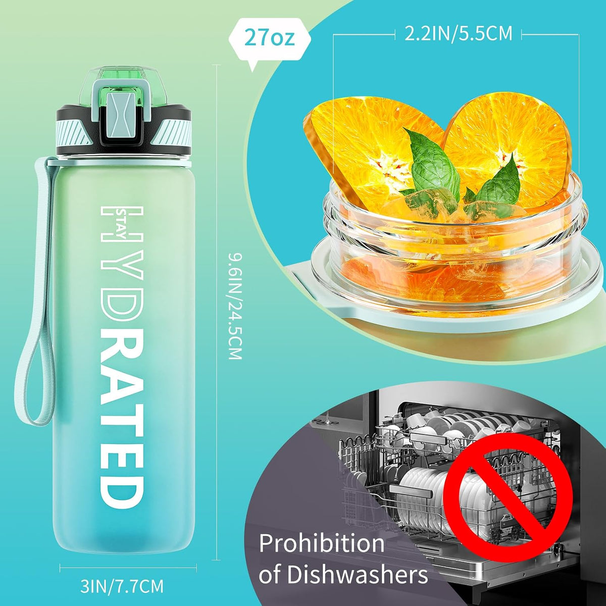 Water Bottle with Straw, 32oz Sports Water Bottles with Time Marker