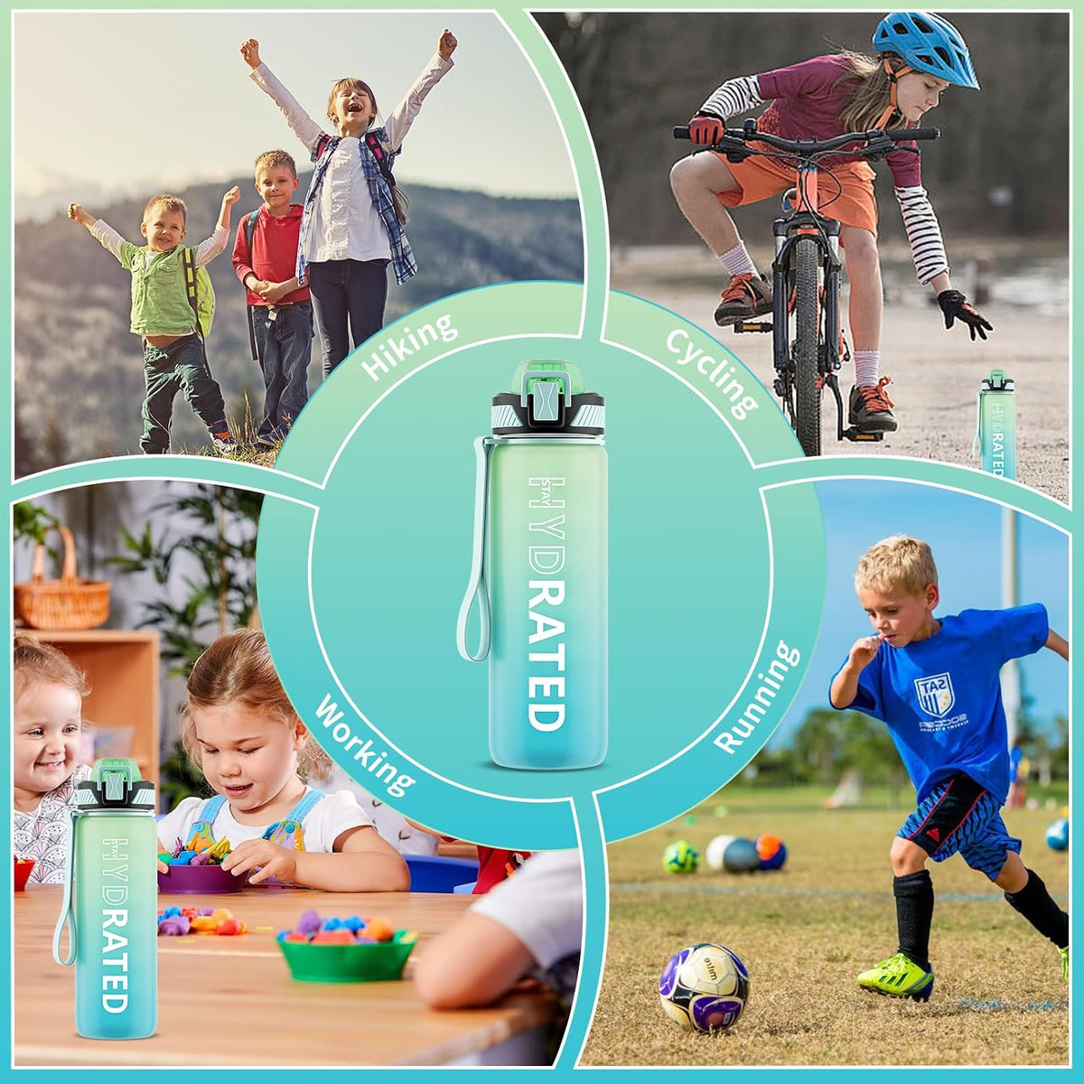 Water Bottle with Straw, 32oz Sports Water Bottles with Time Marker