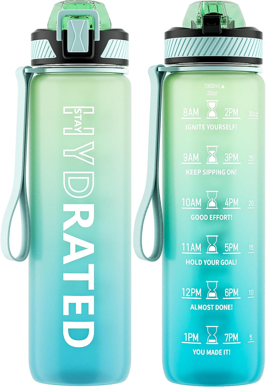 Water Bottle with Straw, 32oz Sports Water Bottles with Time Marker