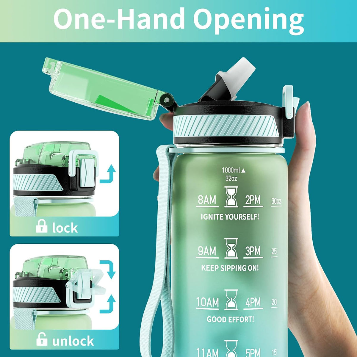 Water Bottle with Straw, 32oz Sports Water Bottles with Time Marker