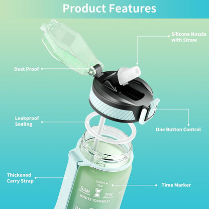 Water Bottle with Straw, 32oz Sports Water Bottles with Time Marker