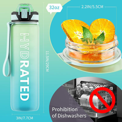 Water Bottle with Straw, 32oz Sports Water Bottles with Time Marker