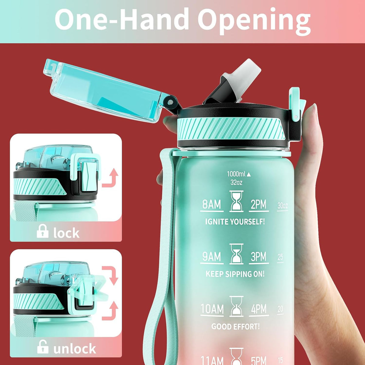 Water Bottle with Straw, 32oz Sports Water Bottles with Time Marker