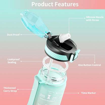 Water Bottle with Straw, 32oz Sports Water Bottles with Time Marker