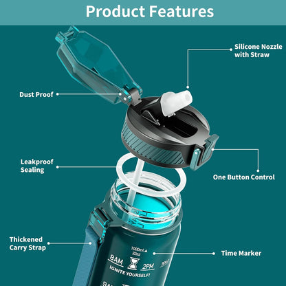 Water Bottle with Straw, 32oz Sports Water Bottles with Time Marker