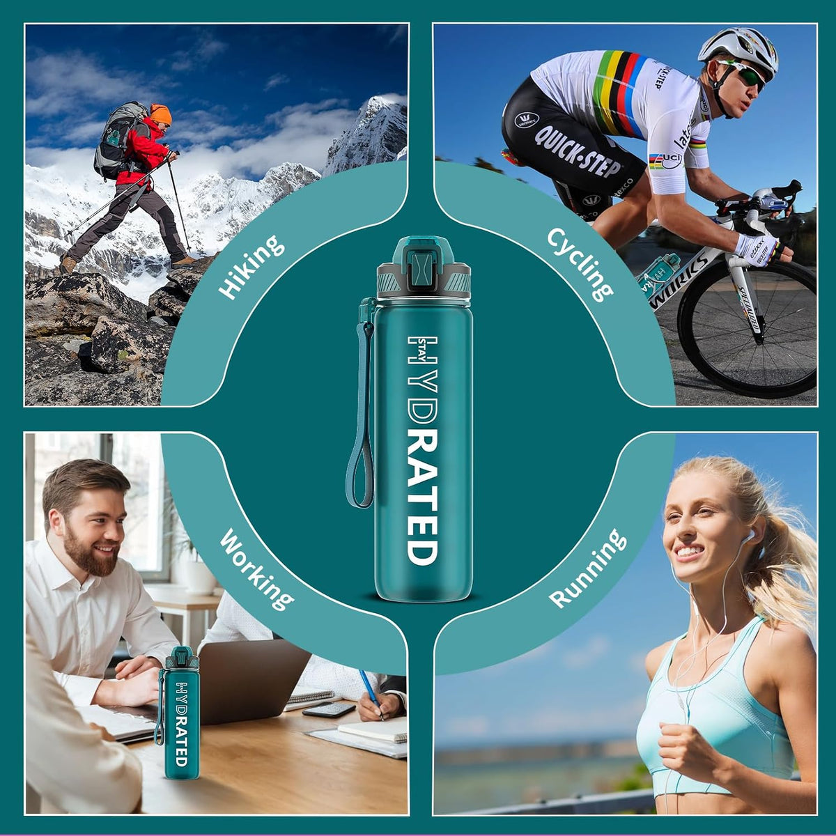 Water Bottle with Straw, 32oz Sports Water Bottles with Time Marker