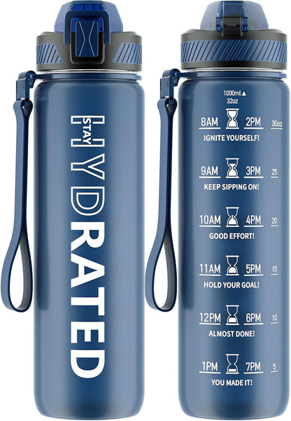 Water Bottle with Straw, 32oz Sports Water Bottles with Time Marker