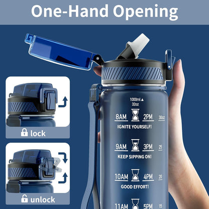 Water Bottle with Straw, 32oz Sports Water Bottles with Time Marker