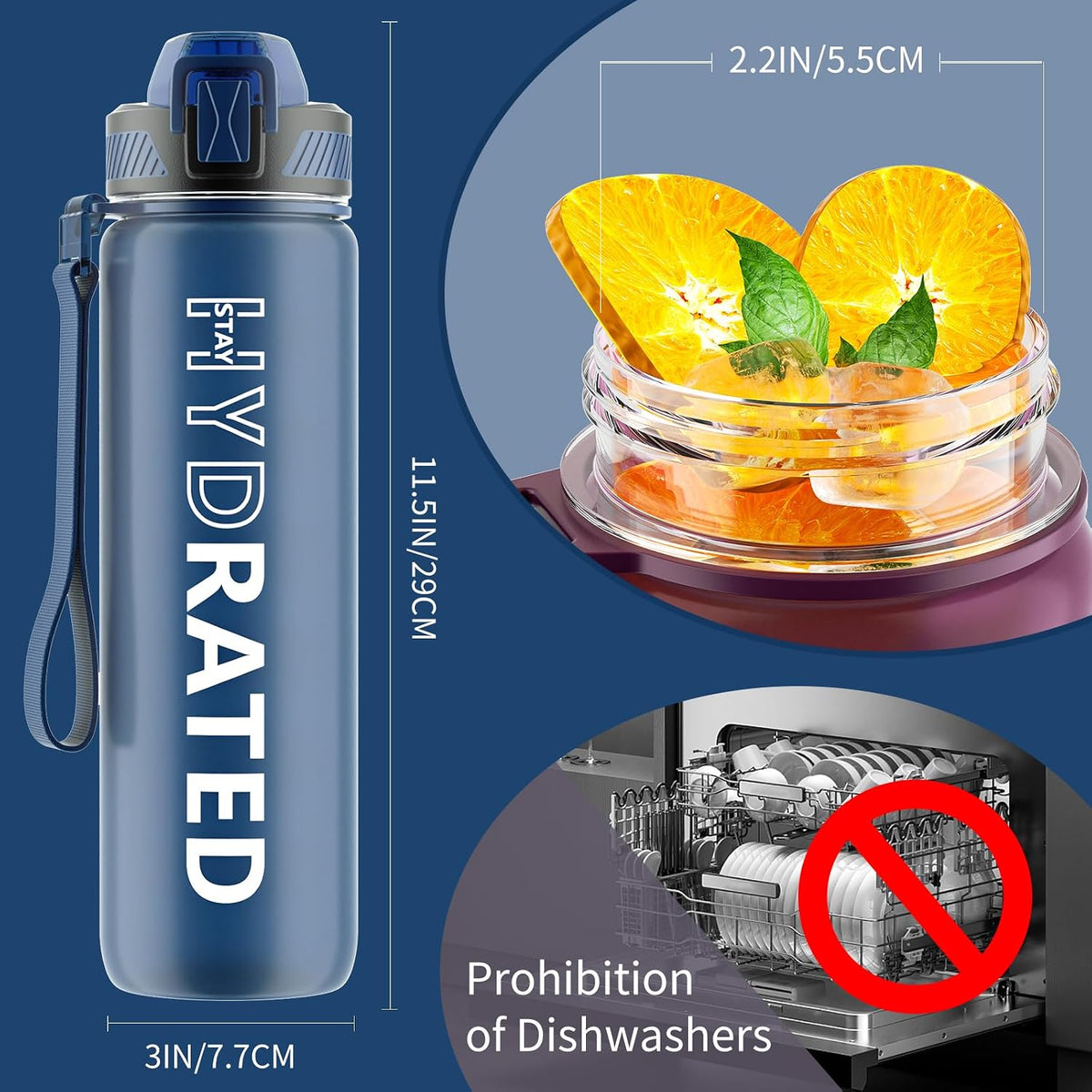 Water Bottle with Straw, 32oz Sports Water Bottles with Time Marker