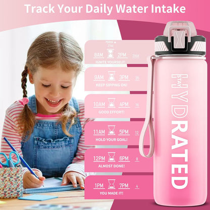 Water Bottle with Straw, 32oz Sports Water Bottles with Time Marker