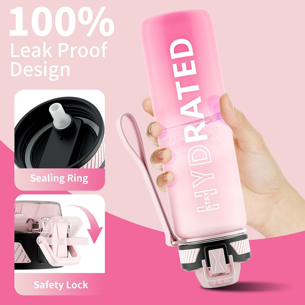 Water Bottle with Straw, 32oz Sports Water Bottles with Time Marker