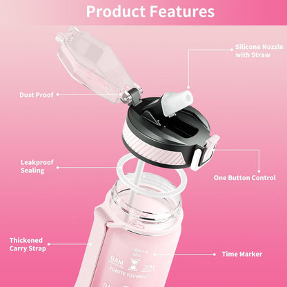 Water Bottle with Straw, 32oz Sports Water Bottles with Time Marker