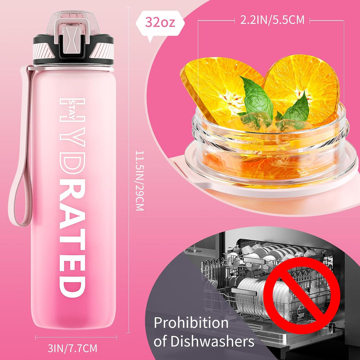Water Bottle with Straw, 32oz Sports Water Bottles with Time Marker
