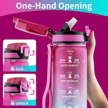 Water Bottle with Straw, 32oz Sports Water Bottles with Time Marker