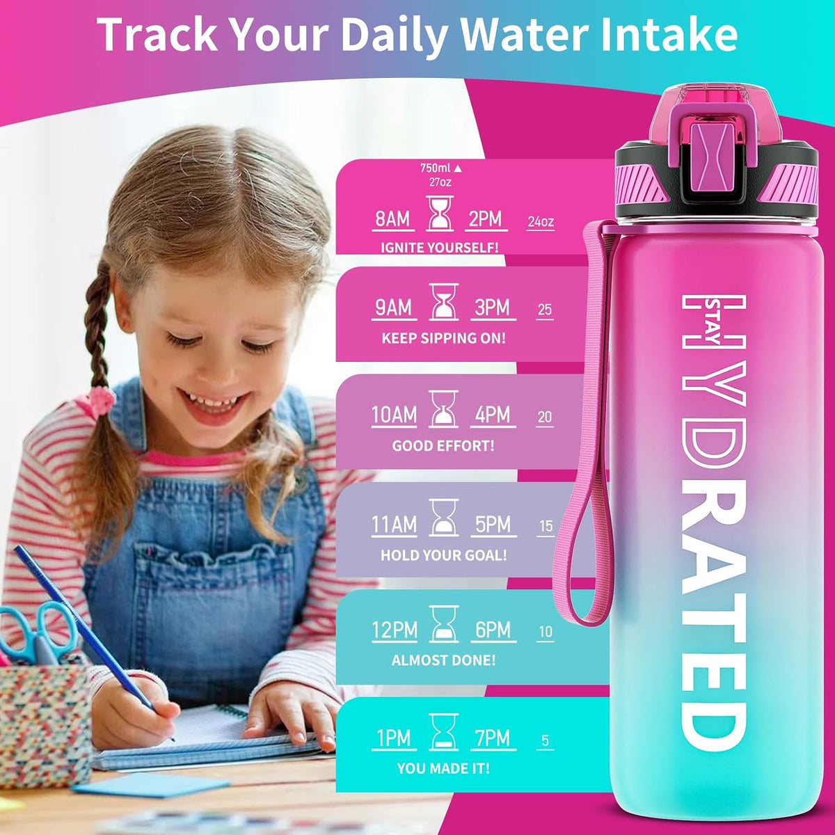 Water Bottle with Straw, 32oz Sports Water Bottles with Time Marker