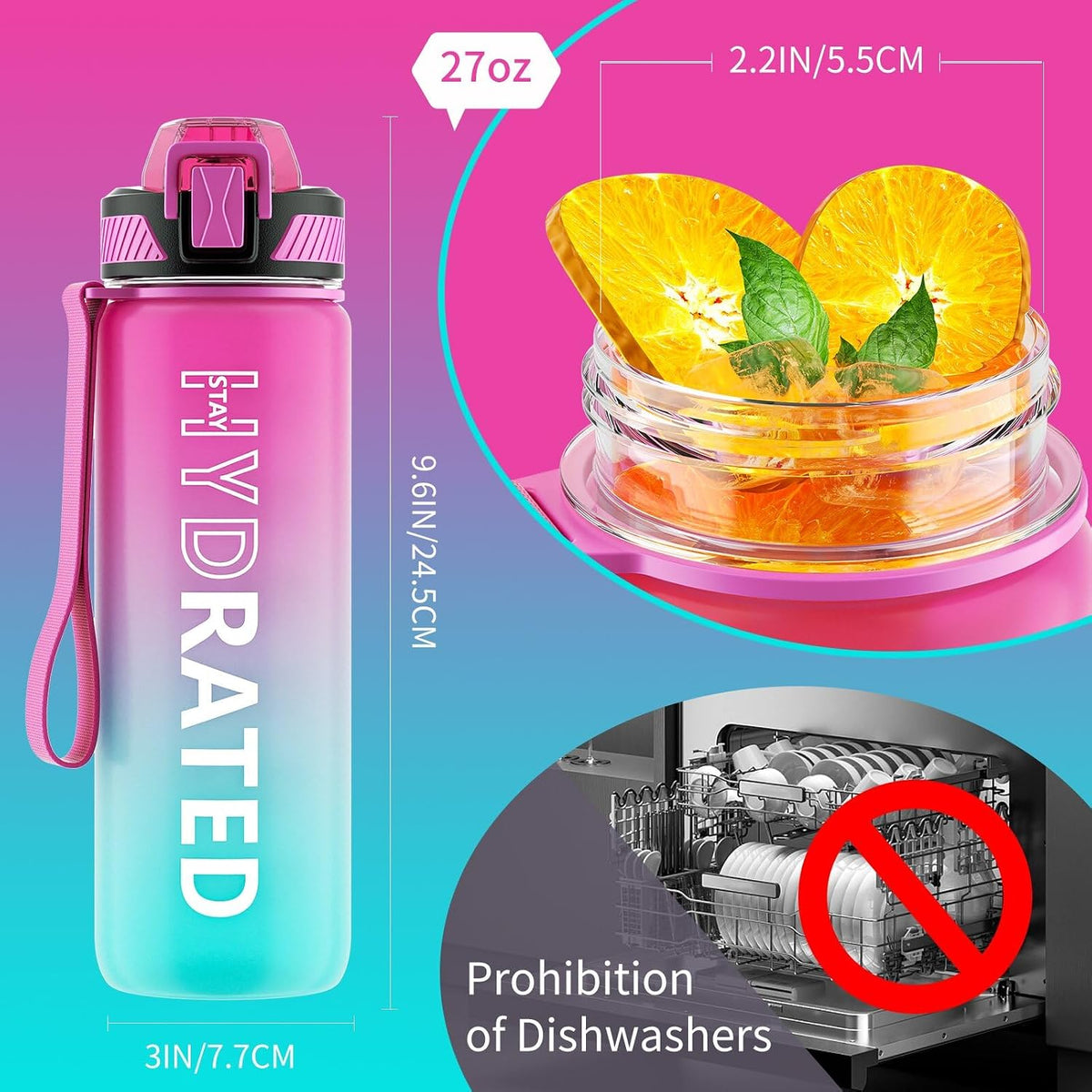 Water Bottle with Straw, 32oz Sports Water Bottles with Time Marker