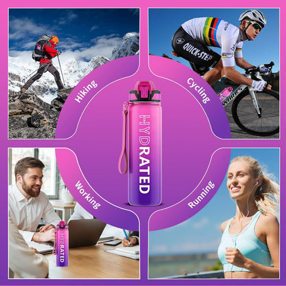 Water Bottle with Straw, 32oz Sports Water Bottles with Time Marker