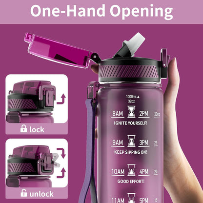 Water Bottle with Straw, 32oz Sports Water Bottles with Time Marker
