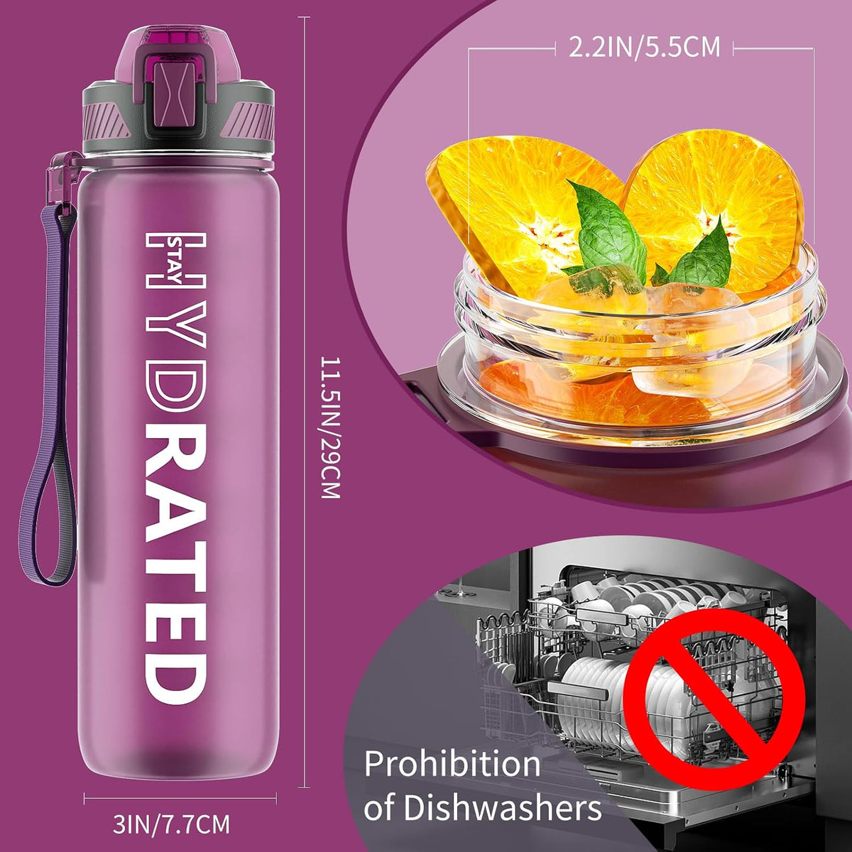 Water Bottle with Straw, 32oz Sports Water Bottles with Time Marker