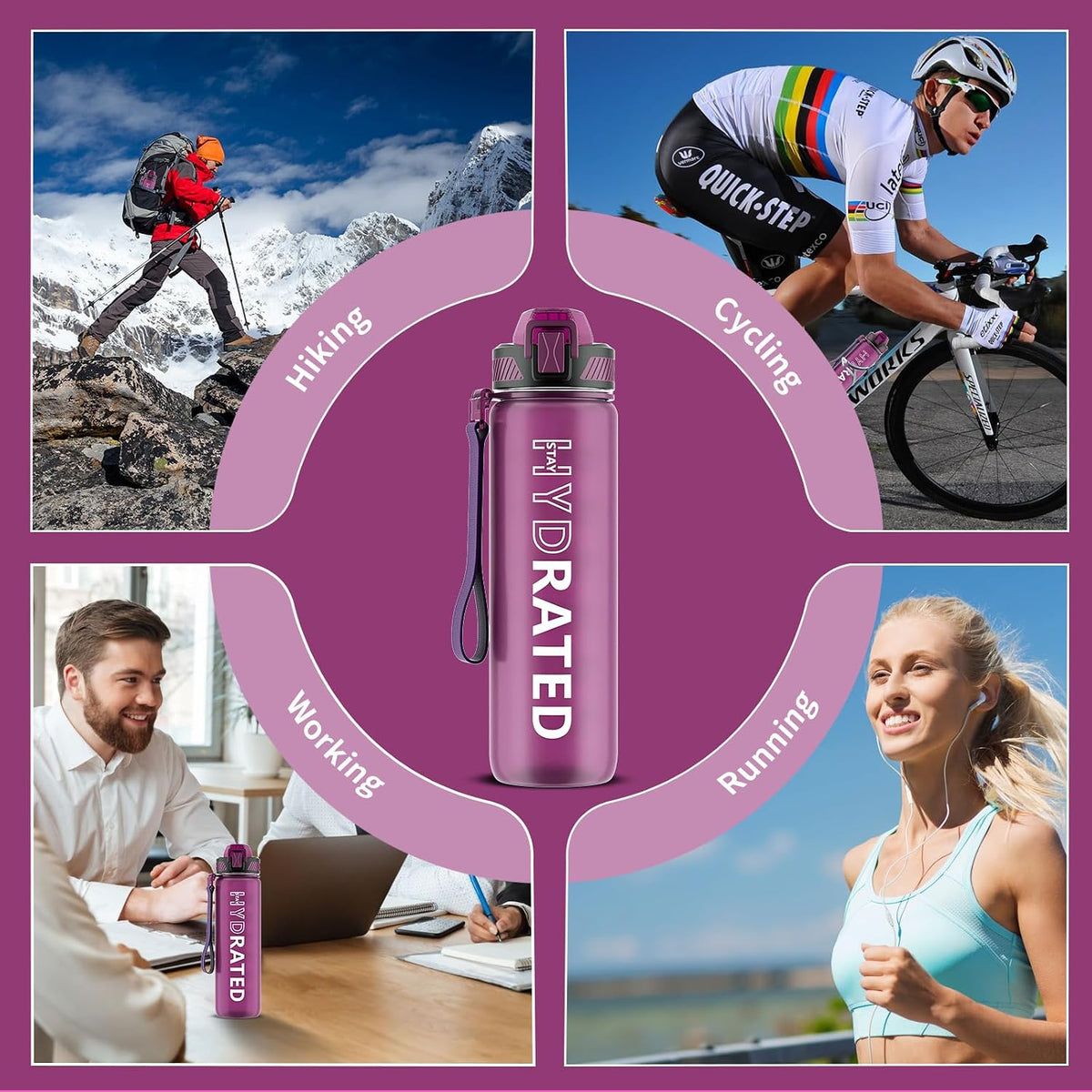 Water Bottle with Straw, 32oz Sports Water Bottles with Time Marker