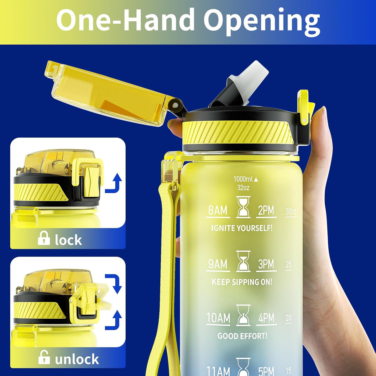 Water Bottle with Straw, 32oz Sports Water Bottles with Time Marker