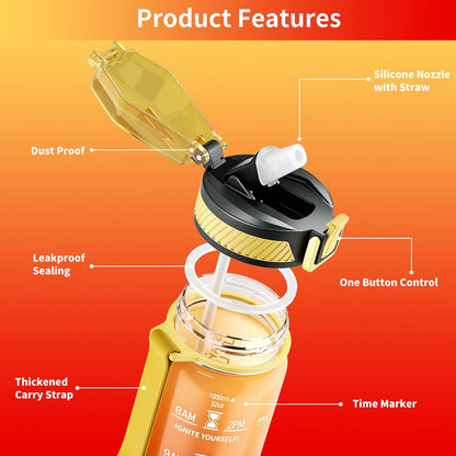 Water Bottle with Straw, 32oz Sports Water Bottles with Time Marker