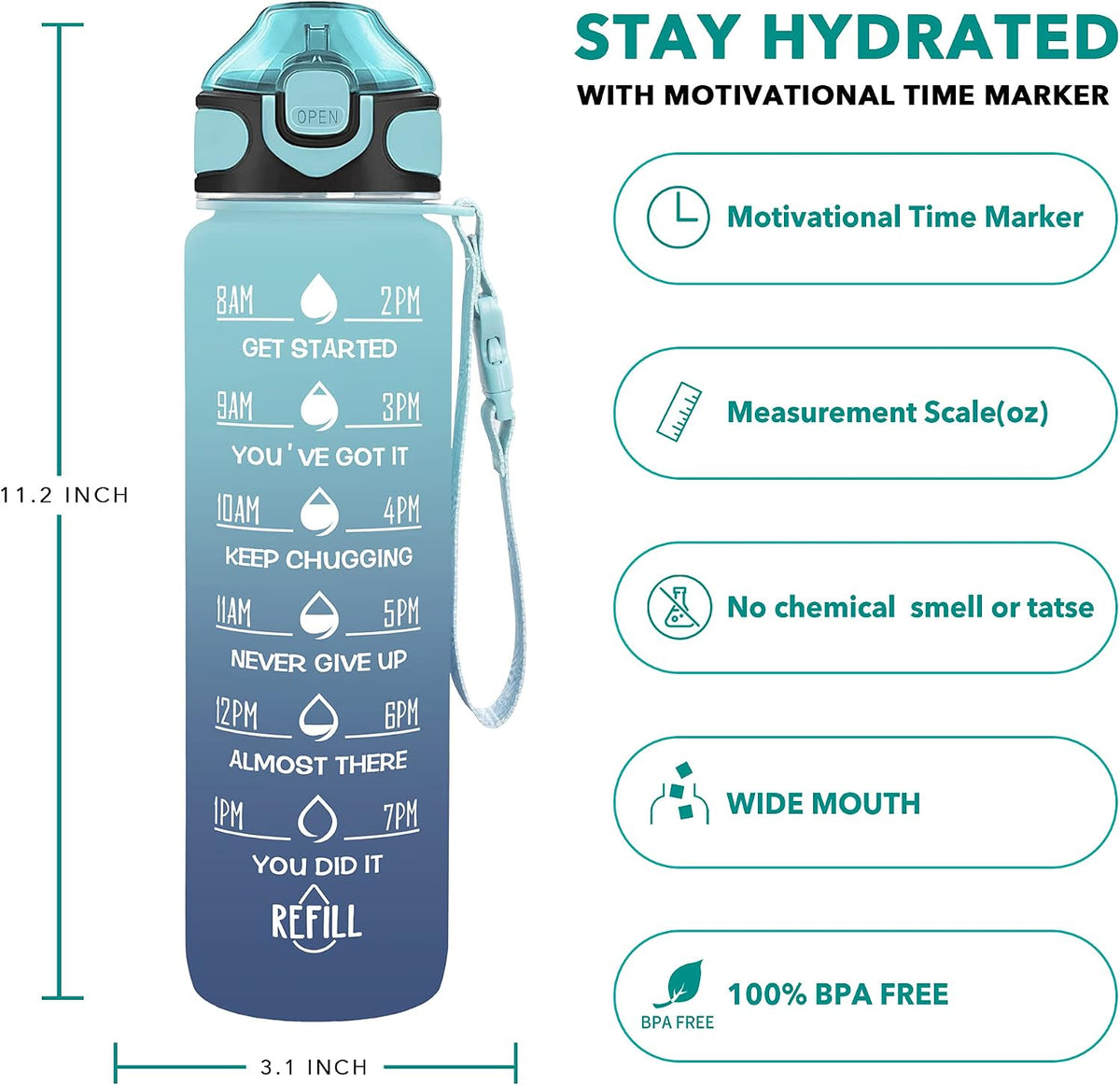 32 oz Drinking Water Bottle with Times to Drink and Straw, Motivational with Carrying Strap, Leakproof BPA & Toxic Free, Ensure You Drink Enough Water for Fitness Gym Outdoor