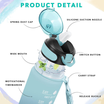 32 oz Drinking Water Bottle with Times to Drink and Straw, Motivational with Carrying Strap, Leakproof BPA & Toxic Free, Ensure You Drink Enough Water for Fitness Gym Outdoor