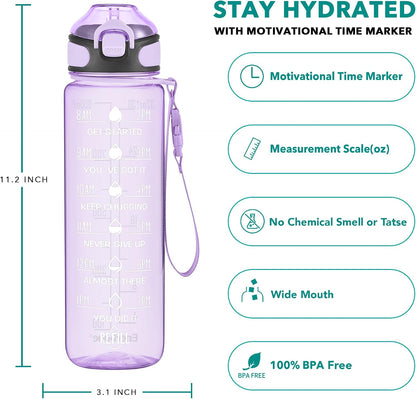 32 oz Drinking Water Bottle with Times to Drink and Straw, Motivational with Carrying Strap, Leakproof BPA & Toxic Free, Ensure You Drink Enough Water for Fitness Gym Outdoor