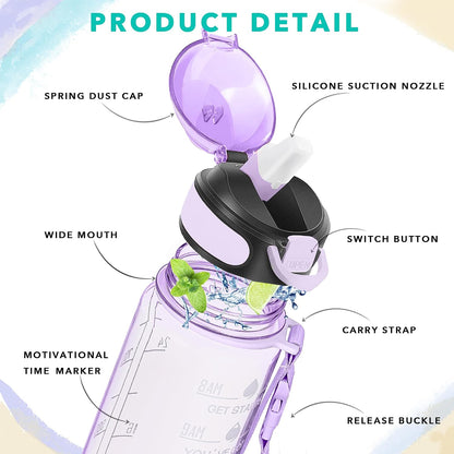 32 oz Drinking Water Bottle with Times to Drink and Straw, Motivational with Carrying Strap, Leakproof BPA & Toxic Free, Ensure You Drink Enough Water for Fitness Gym Outdoor