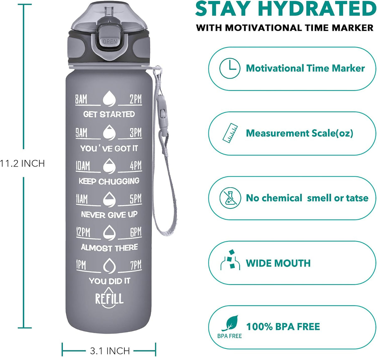 32 oz Drinking Water Bottle with Times to Drink and Straw, Motivational with Carrying Strap, Leakproof BPA & Toxic Free, Ensure You Drink Enough Water for Fitness Gym Outdoor