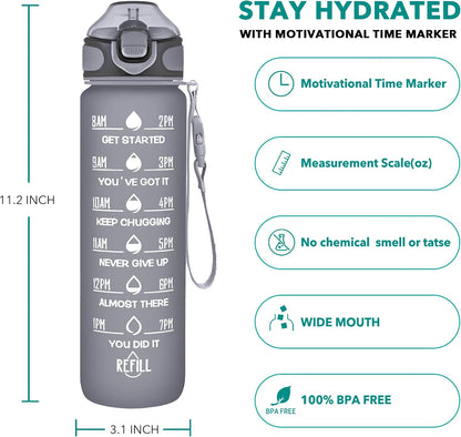 32 oz Drinking Water Bottle with Times to Drink and Straw, Motivational with Carrying Strap, Leakproof BPA & Toxic Free, Ensure You Drink Enough Water for Fitness Gym Outdoor