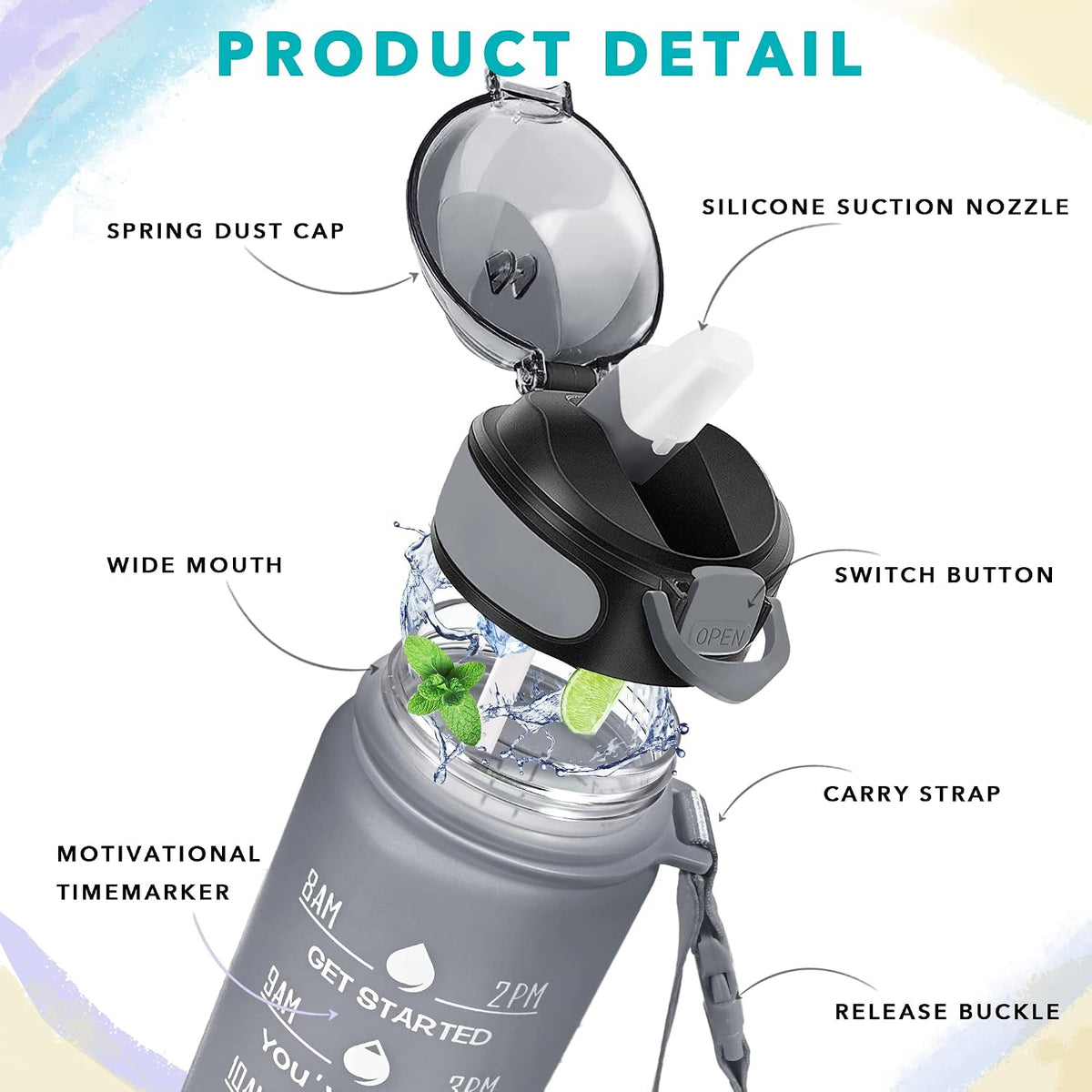 32 oz Drinking Water Bottle with Times to Drink and Straw, Motivational with Carrying Strap, Leakproof BPA & Toxic Free, Ensure You Drink Enough Water for Fitness Gym Outdoor