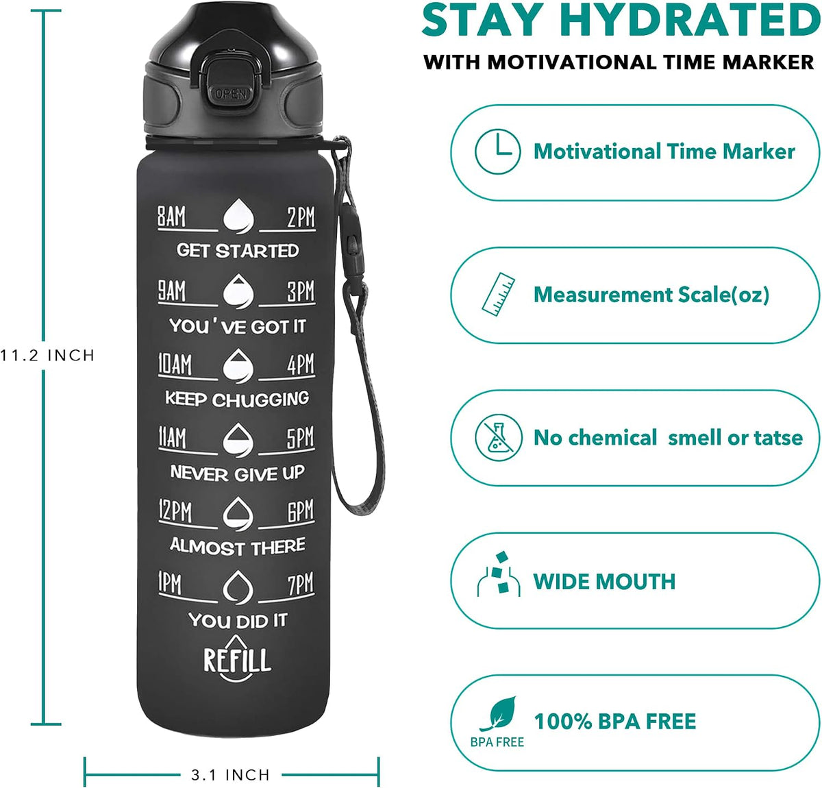 32 oz Drinking Water Bottle with Times to Drink and Straw, Motivational with Carrying Strap, Leakproof BPA & Toxic Free, Ensure You Drink Enough Water for Fitness Gym Outdoor